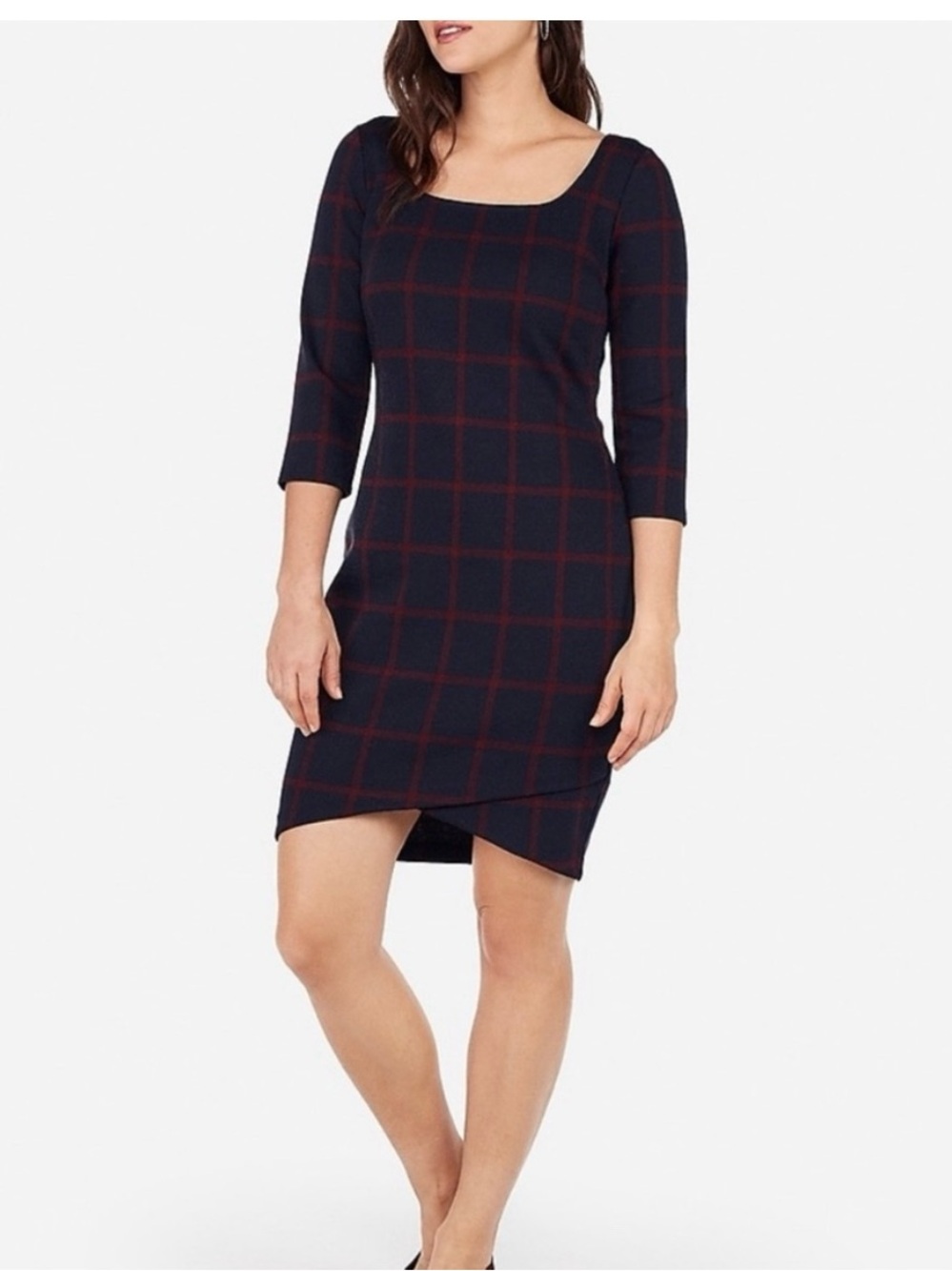 Express Women’s Navy and Burgundy Plaid Sheath Dress